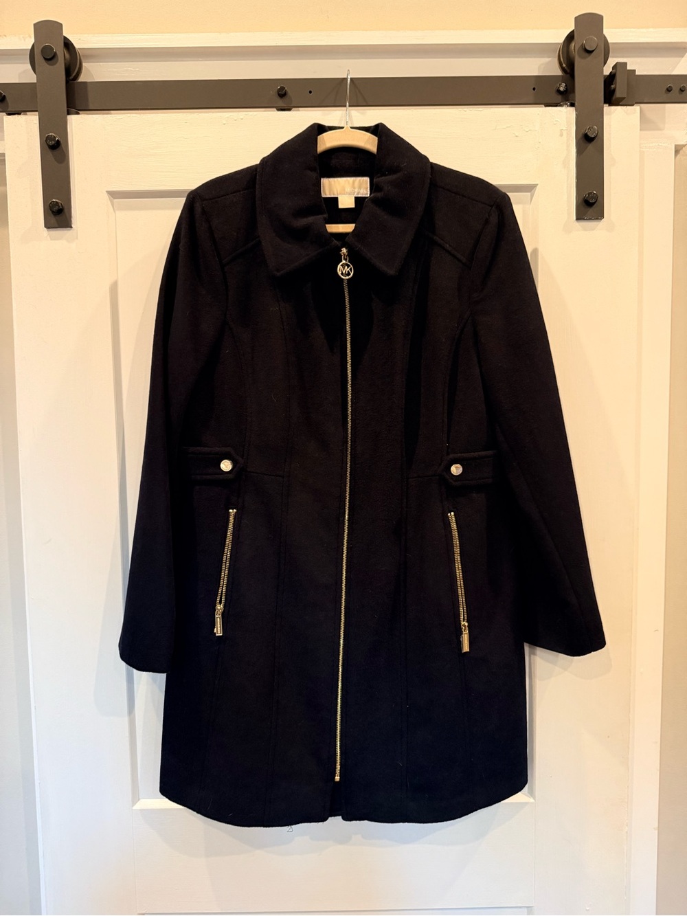 MICHAEL Michael Kors Black Pea Coat with Gold Zipper Accents